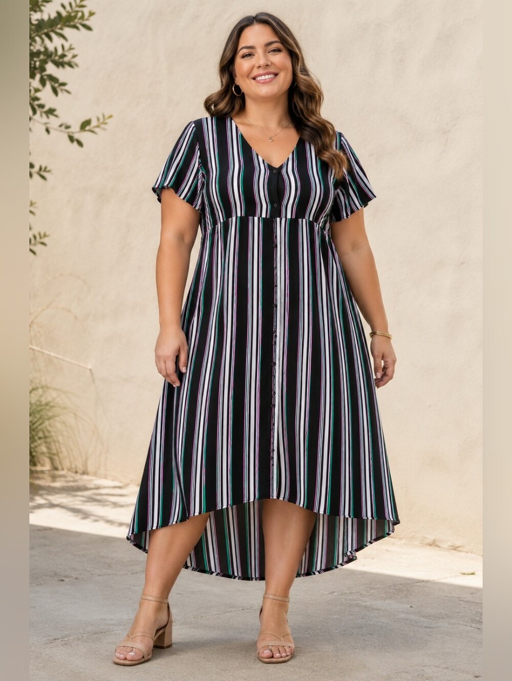 Love & Legend Plus Size 4x: Striped Black High-Low Button-Front Dress